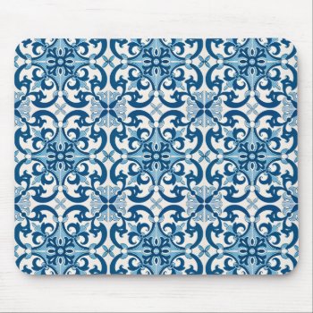 Azulejo Tile Pattern Indigo Blue White Mouse Pad by wheresmymojo at Zazzle