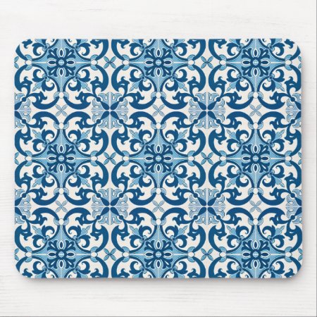 Azulejo Tile Pattern Indigo Blue White Mouse Pad