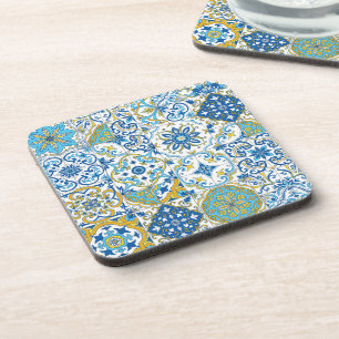 Azulejo tiles in blue and yellow beverage coaster