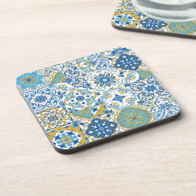 Azulejo tiles in blue and yellow beverage coaster (Left Side)