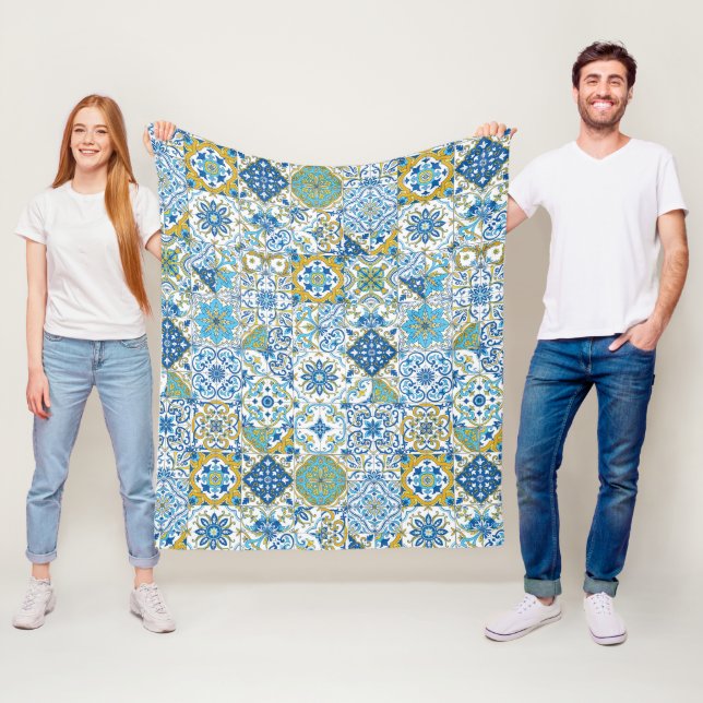 Azulejo tiles in blue and yellow fleece blanket (In Situ)