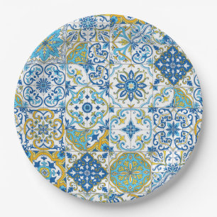 Azulejo tiles in blue and yellow paper plates