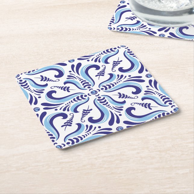 Azulejos Blue Floral Pattern Square Paper Coaster (Angled)