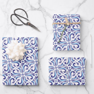 Azulejos Blue Floral Pattern Wrapping Paper Sheets