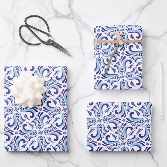 Azulejos Blue Floral Pattern Wrapping Paper Sheets (Front)