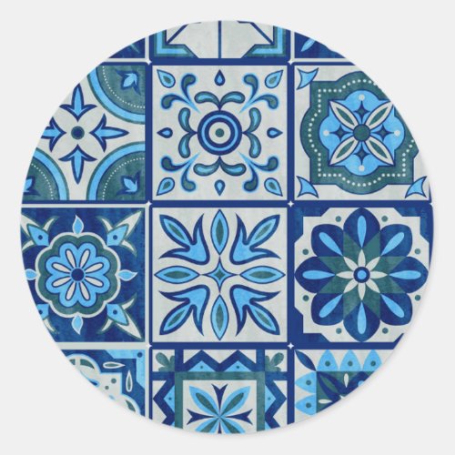 Azulejos Blue Portugal Pattern Classic Round Sticker
