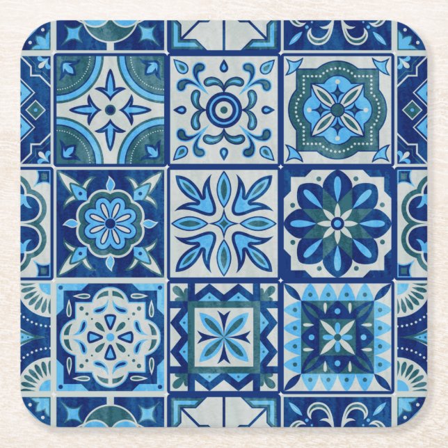 Azulejos Blue Portugal Pattern Square Paper Coaster (Front)