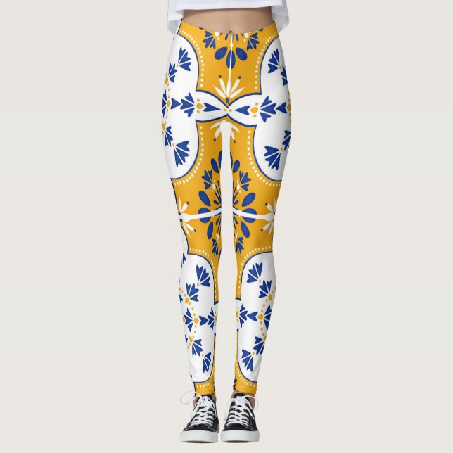 Azulejos Blue Yellow White Pattern Tiles  Leggings (Front)