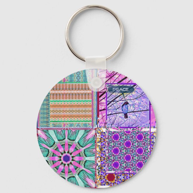 Azulejos Geometric Tiles with Bird of Peace Keychain (Front)