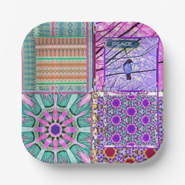 Azulejos Geometric Tiles with Bird of Peace Paper Plates (Front)