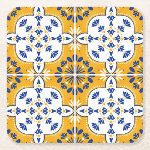 Azulejos Portuguese Tile White Mustard Yellow Blue Square Paper Coaster