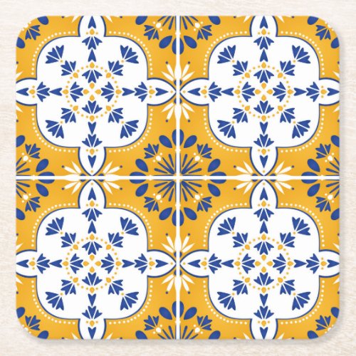 Azulejos Portuguese Tile White Mustard Yellow Blue Square Paper Coaster