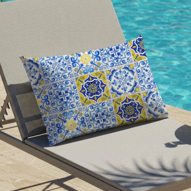 Azulejos Tile Pattern Blue White Yellow Lumbar Pillow (Creator Uploaded)