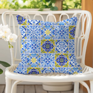 Azulejos Tile Pattern Blue White Yellow Outdoor Pillow