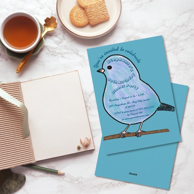 Azure 50th Birthday Cute Bird Dinner Party  Invitation (Creator Uploaded)