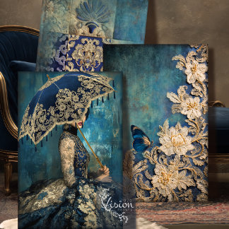 Azure Allure Navy Gold Lace Damask Ballgown Set Wrapping Paper Sheets