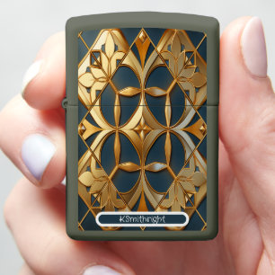 Azure Allure" Personalized Gold Green Geometric Zippo Lighter