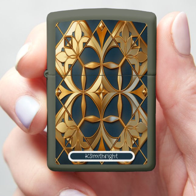 Azure Allure" Personalized Gold  Green Geometric Zippo Lighter (In Hand)