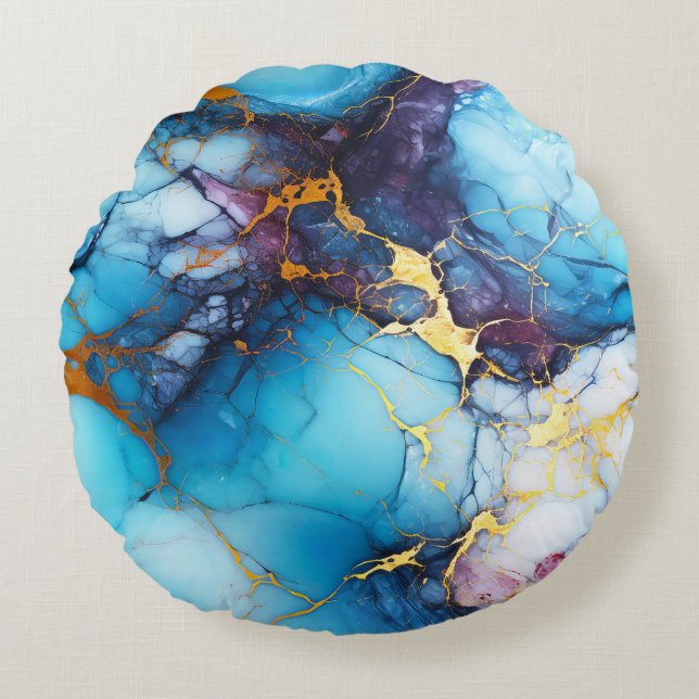 Azure & Amethyst Marble with Golden Veins Round Pillow (Front)