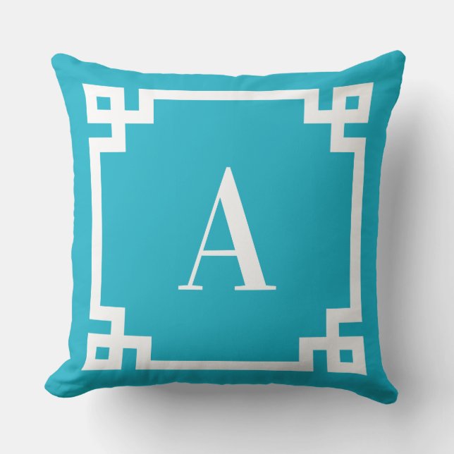 Azure and White Greek Key Border Monogram Outdoor Pillow (Front)