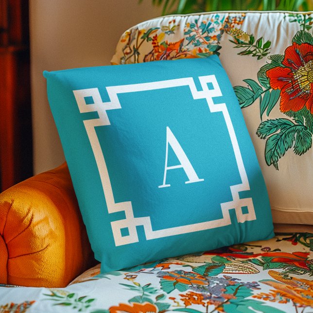 Azure and White Greek Key Border Monogram Throw Pillow (Azure and White Greek Key Border Monogram Outdoor Pillow)