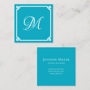 Azure and White Greek Key Calligraphy Monogram Square Business Card