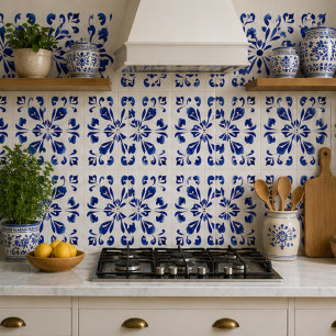 Azure Arabesque Floral Geometry Elegant Coastal Ceramic Tile