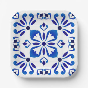 Azure Arabesque Floral Geometry Elegant Coastal Paper Plates