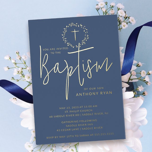 Azure Blessings Boys Baptism Invitation Foil Invitation (Creator Uploaded)