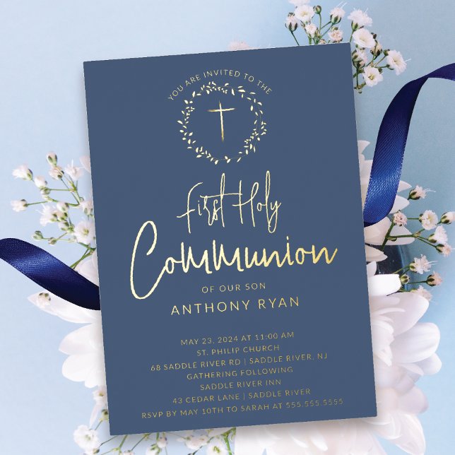 Azure Blessings Boys Communion Invitation Foil Invitation (Creator Uploaded)