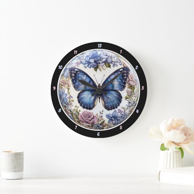 Azure Bloom" - Blue Butterfly Floral Large Clock (Home)