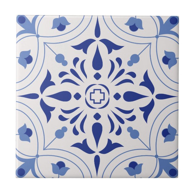 Azure Bloom Cross Ceramic Tile (Front)