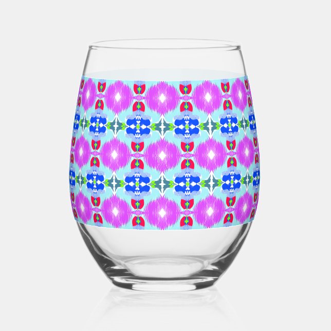 Azure Bloom Kaleidoscope Stemless Wine Glass (Front)