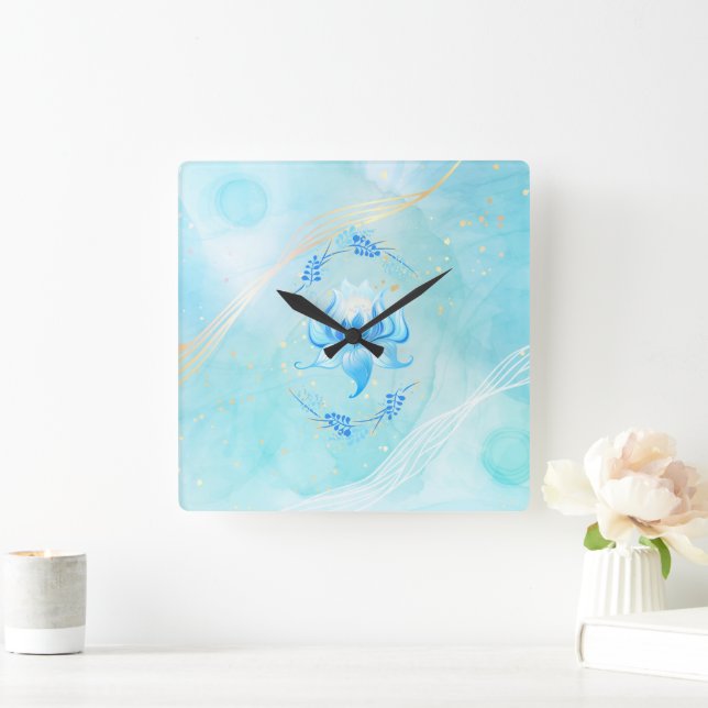 Azure Bloom Teal Lotus Flower Square Wall Clock (Home)