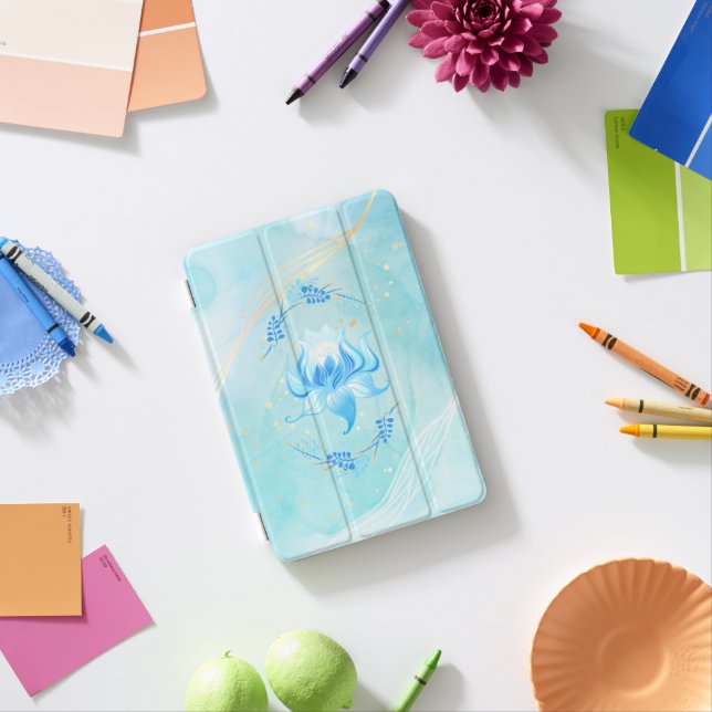Azure Bloom – Teal & White Lotus Art iPad Mini Cover (In Situ)