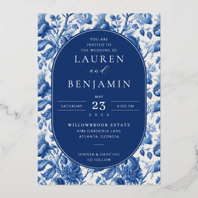 Azure Blooms Wedding Foil Invitation (Front)