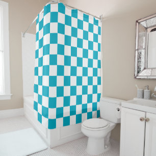 Azure blue and White Checkered Chess Retro Shower Curtain