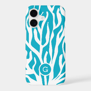 Azure blue and white coral reef custom monogram iPhone 17 case
