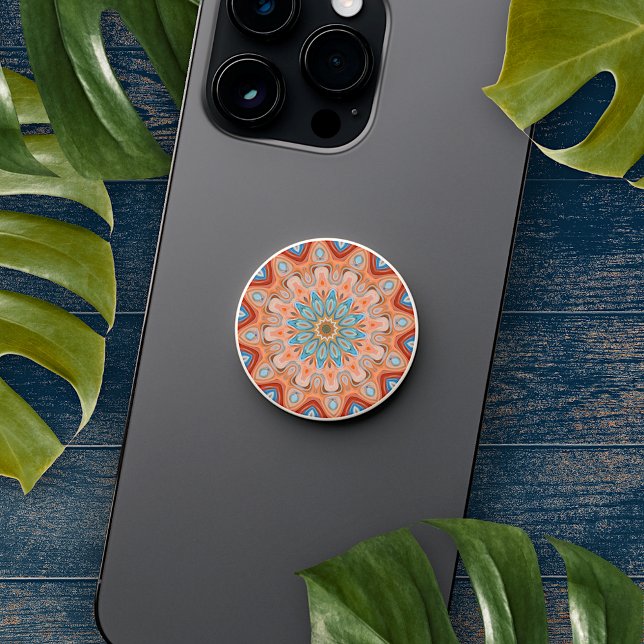 Azure Blue Aqua Turquoise Orange Mandala Pattern PopSocket (Creator Uploaded)
