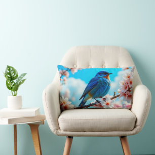 Azure Blue Bird on Cherry Blossom Branch Lumbar Pillow