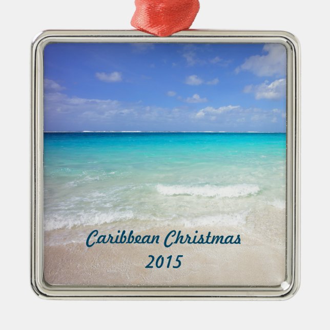 Azure Blue Caribbean Tropical Beach Christmas Metal Ornament (Front)