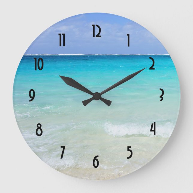 Azure Blue Caribbean Tropical Beach Large Clock (Front)