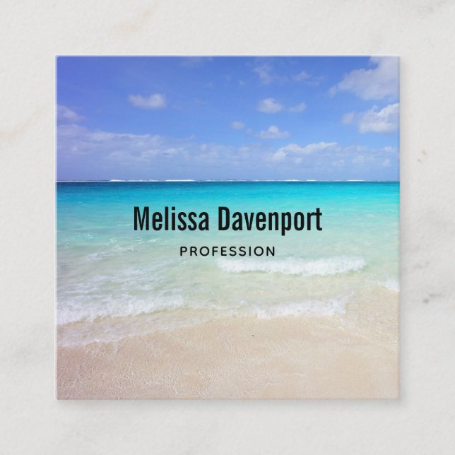 Azure Blue Caribbean Tropical Beach Square Business Card (Front)