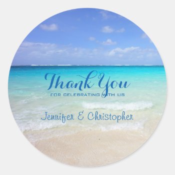 Azure Blue Caribbean Tropical Beach Thank You Classic Round Sticker by Mirribug at Zazzle