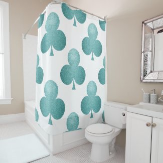Azure blue clover leafs, glittering clovers white shower curtain