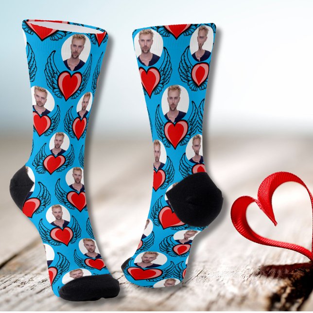 Azure Blue Custom Boyfriend Photo Red Winged Heart Socks (Creator Uploaded)