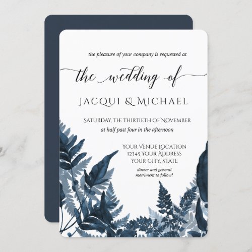 Azure Blue Forest Fern Foliage Watercolor Wedding Invitation
