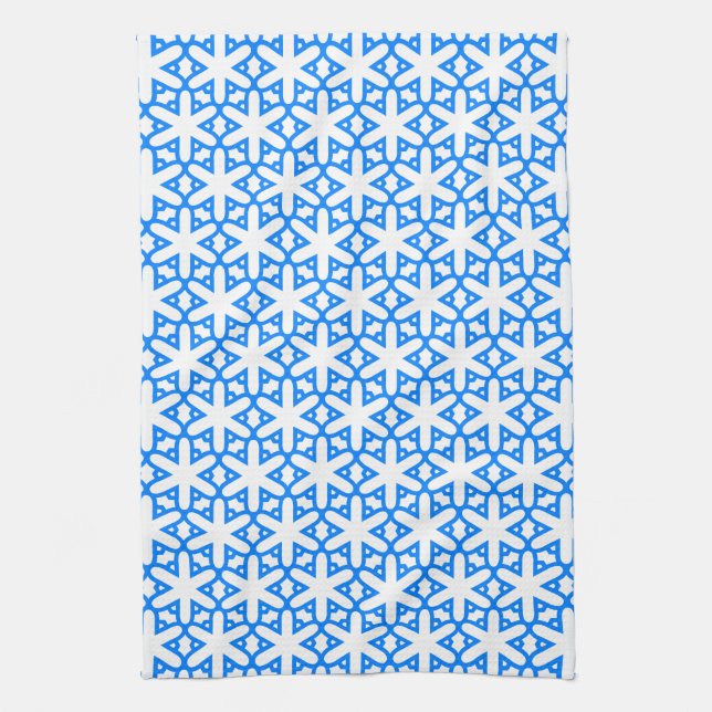 Azure Blue Geometic Flower Tile Kitchen Towel (Vertical)
