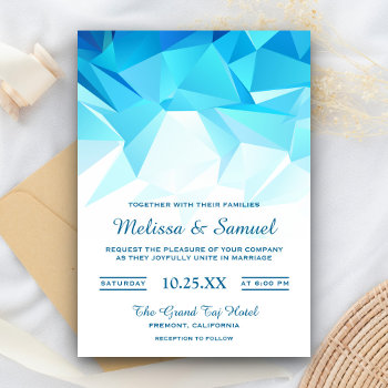 Azure Blue Geometric Origami Wedding Invitation by ShabzDesigns at Zazzle