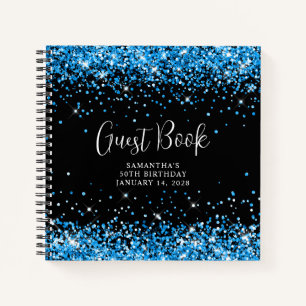 Azure Blue Glitter Black 50th Birthday Guest Notebook